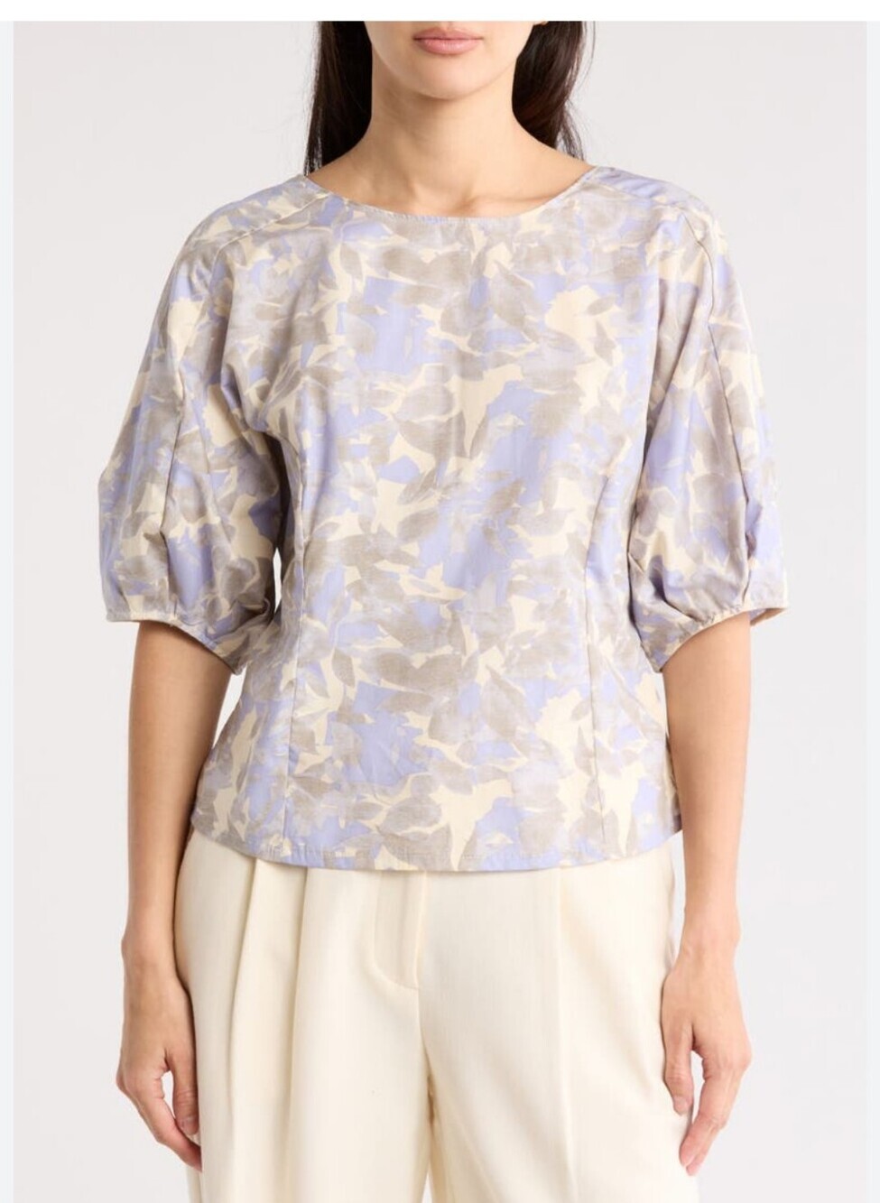 MELLODAY Lavender and Cream Puff-Sleeve Blouse